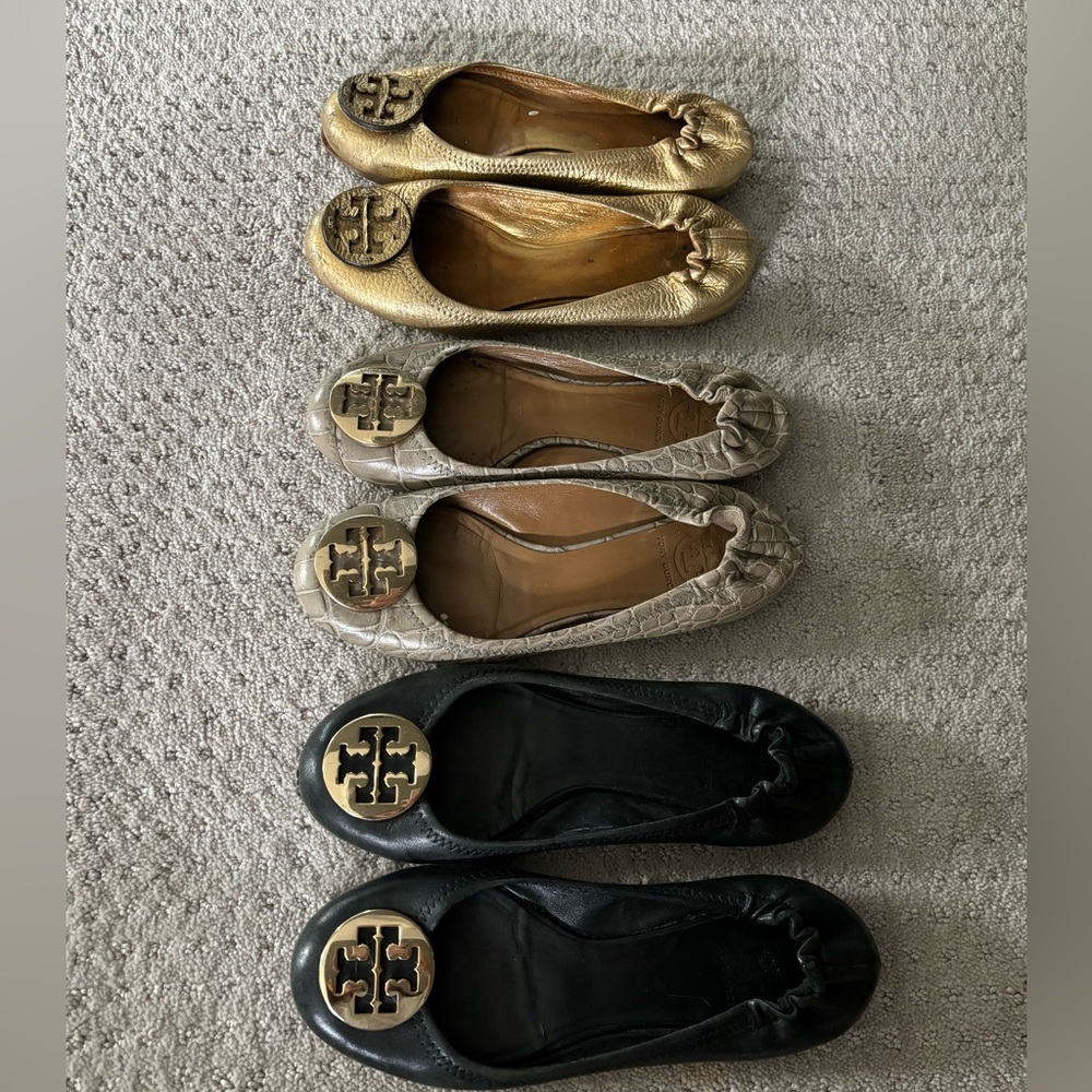 Tory Burch flats- 3 pairs: gold silver and black